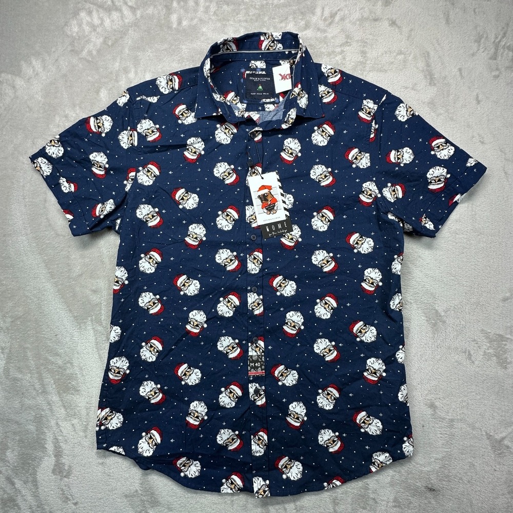Denim & Flower Ricky Singh Mens Medium Blue Santa Print Cotton Short Sleeve